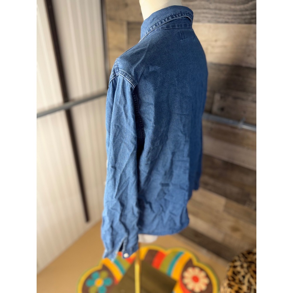 Vintage Snowman Embroidered Denim Button Down Shirt Christmas Holiday Blue - Picture 5 of 12